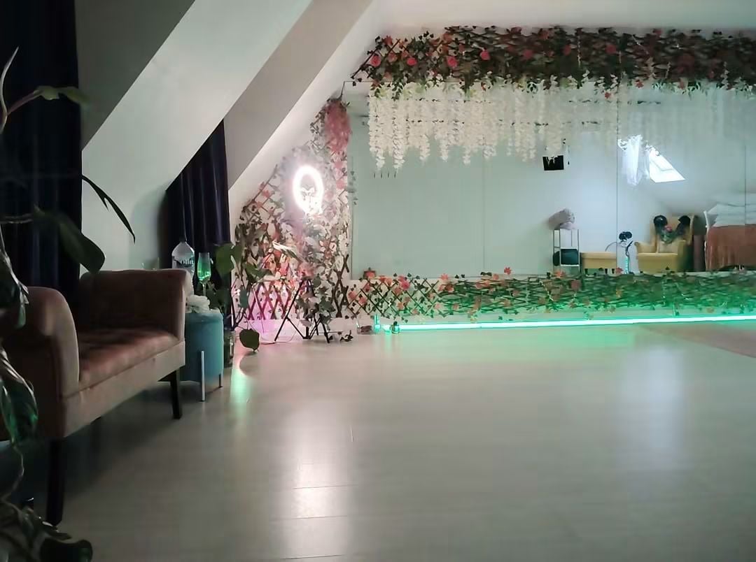Majella's yoga studio on North Main Street, Wexford, with a mirrored wall and flower garlands